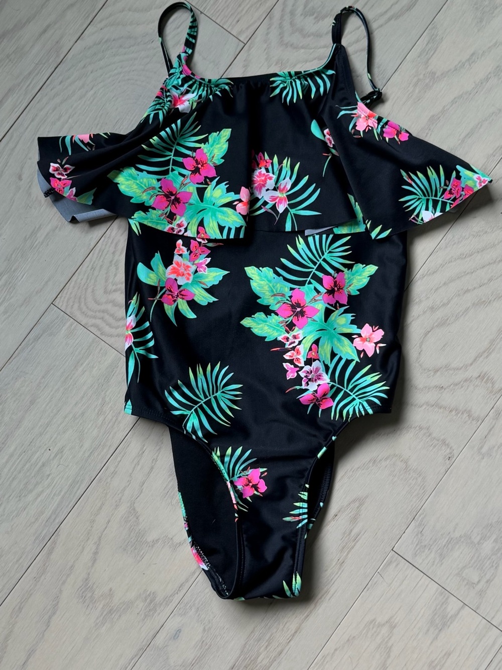 Sugar & Jade Kids Floral Ruffle One-Piece Swimsuit - Black with Pink & Green